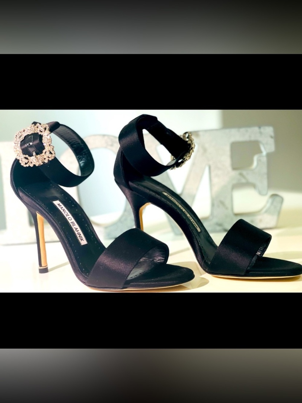 🛍️ Manolo Blahnik Authentic Crystal Buckle Black Satin Heels w/ Box & Bag